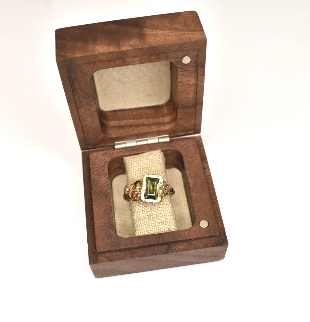 1.2 ct Green Sapphire and Cognac Diamond 14k Yellow Gold Ring. Cliffs of Swanage.
