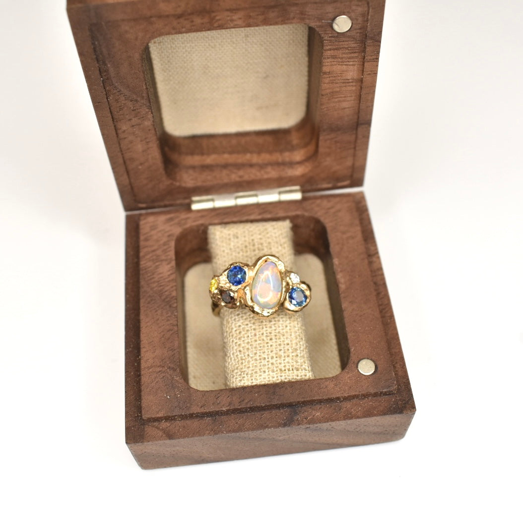 1.3ct White Opal, Sapphire, Yellow and Cognac Diamond Ring. 14k Yellow Gold. Cat Bells, The Lake District.