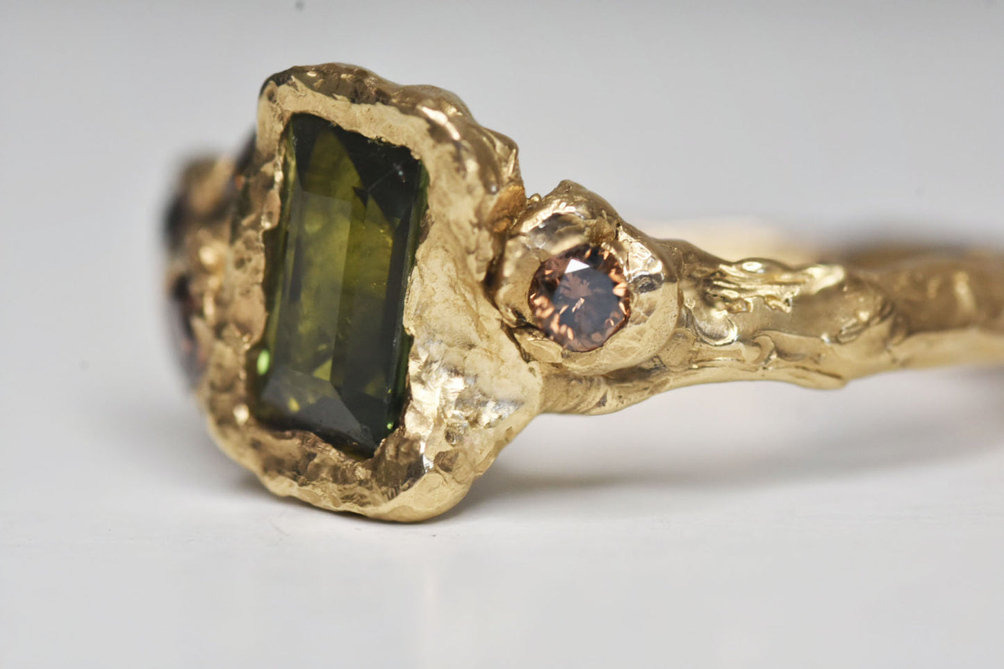 1.2 ct Green Sapphire and Cognac Diamond 14k Yellow Gold Ring. Cliffs of Swanage.