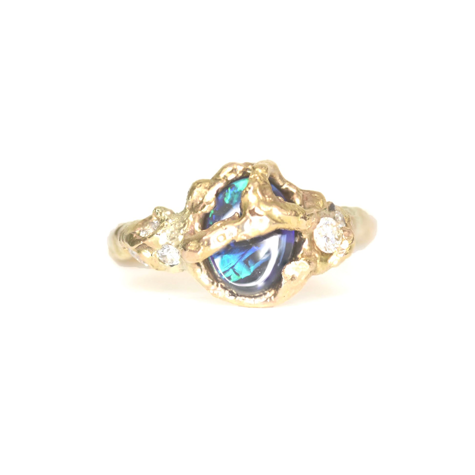 14k yellow gold organic ring, electric green opal, and white diamond ring. On a white background. Carved in front of Durdle door, Dorset. Shem Hake Jewellery. 