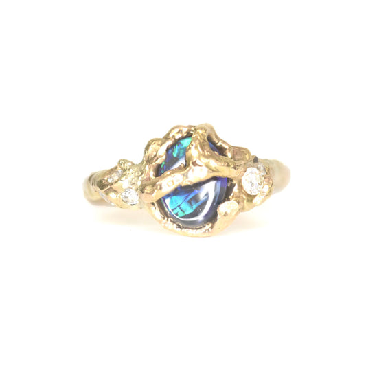 14k yellow gold organic ring, electric green opal, and white diamond ring. On a white background. Carved in front of Durdle door, Dorset. Shem Hake Jewellery. 