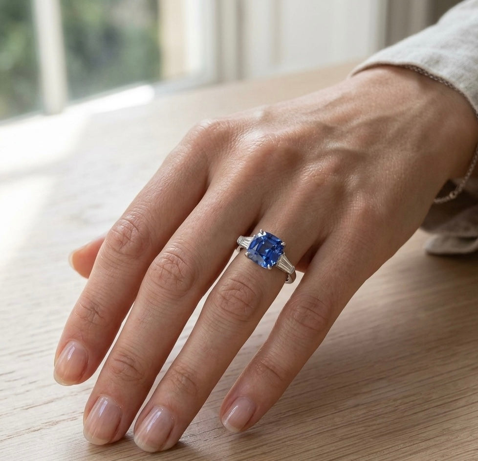 Hand wearing a ring with a blue gemstone on a light wooden surface