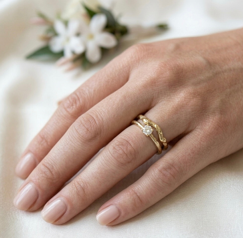 Organic gold wedding ring made outdoors in st Ives Cornwall. Shem Hake jewellery. 