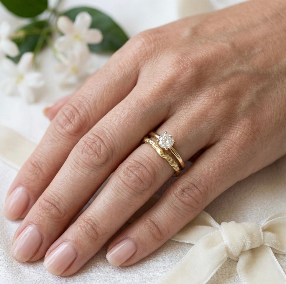 Organic gold wedding ring made outdoors in st Ives Cornwall. Shem Hake jewellery. 