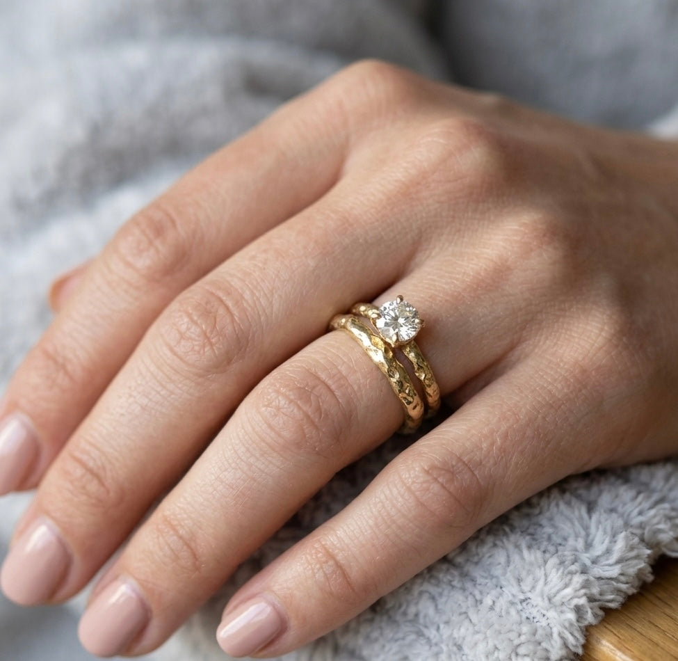 Organic gold wedding ring made outdoors in st Ives Cornwall. Shem Hake jewellery. 