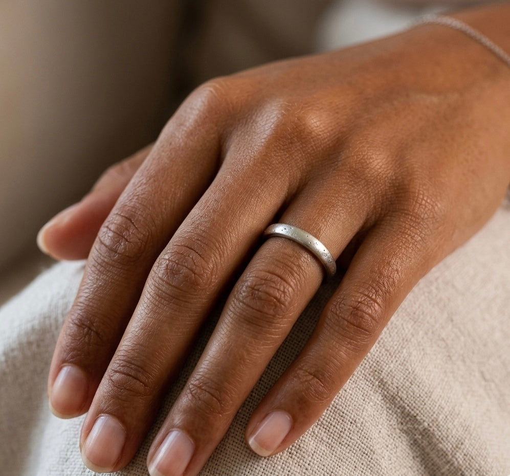White gold wedding band made on the cliffs of st Ives Cornwall. 