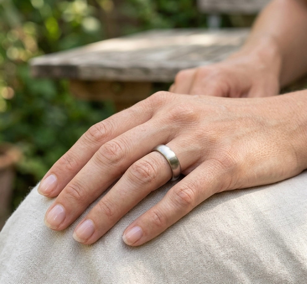 White gold wedding band made on the south coastal path of Cornwall. 