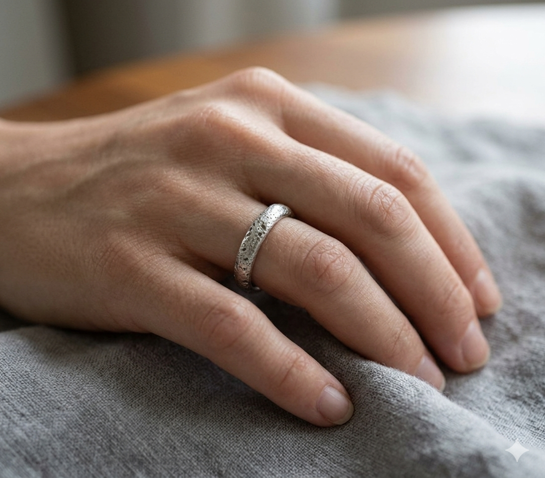 Platinum sand cast wedding band made in Cornwall. 