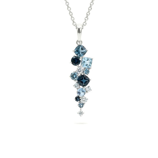 Necklace with blue gemstones on a white background. Jewellery made in the Lake District. 