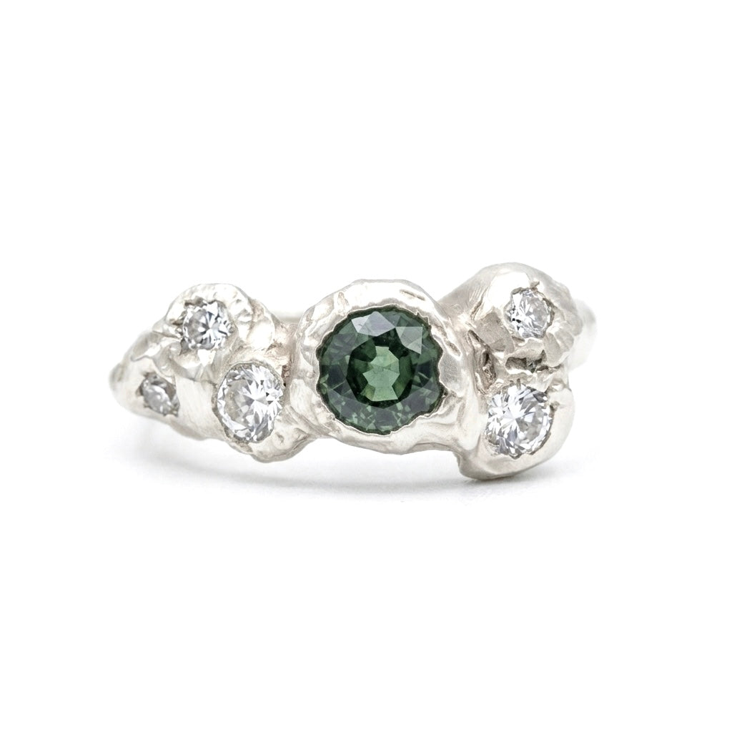Silver organic multi stone diamond, and single green sapphire ring. Wax carved in Christchurch, Dorset. 