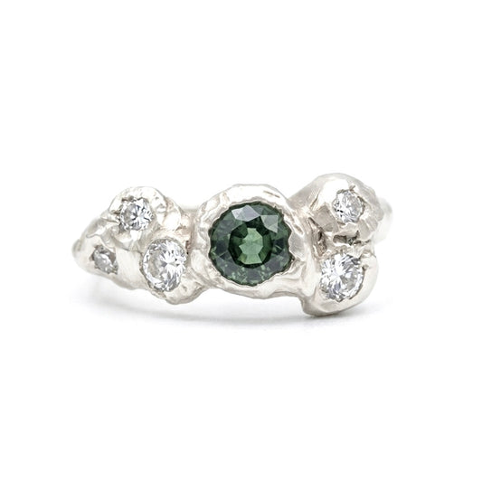 Silver organic multi stone diamond, and single green sapphire ring. Wax carved in Christchurch, Dorset. 