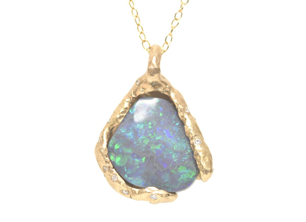 5.1ct Black Opal and White Diamond Pendant. 14k Yellow Gold. Cliffs of Torquay.