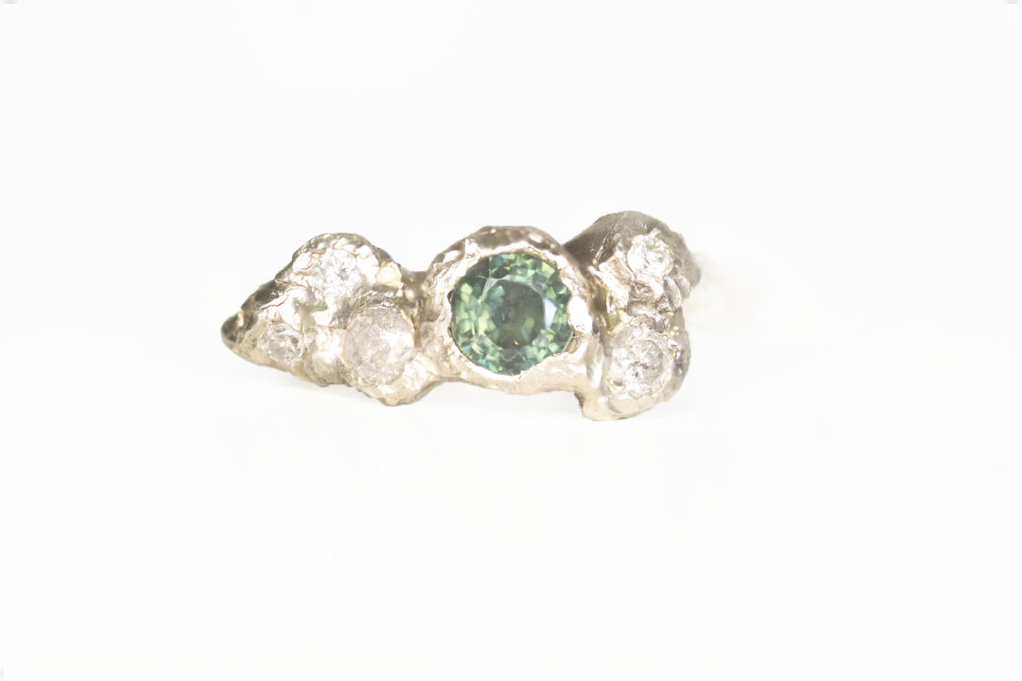 Teal Sapphire and Salt and Pepper Diamond Silver Ring. Christchurch, Dorset.