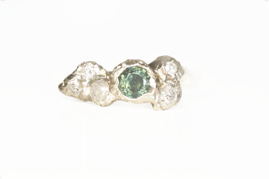 Teal Sapphire and Salt and Pepper Diamond Silver Ring. Christchurch, Dorset.