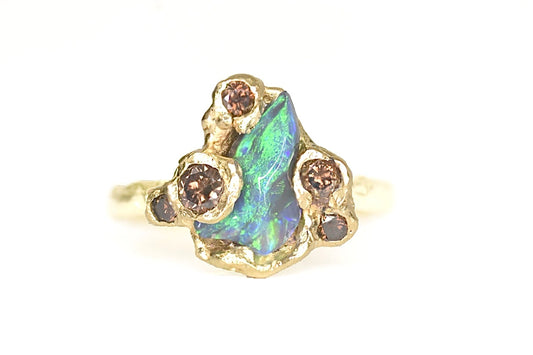 1.05 ct Black Opal, Cognac Diamonds 18k Yellow Gold Ring. St Ives