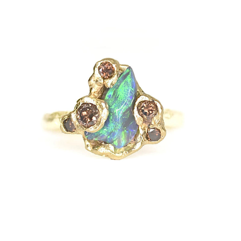 Organic 18k gold ring with opal and cognac diamond. Inspired by St Ives, Cornwall. On a white background. 
