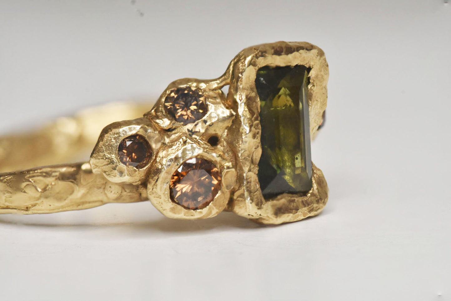 1.2 ct Green Sapphire and Cognac Diamond 14k Yellow Gold Ring. Cliffs of Swanage.
