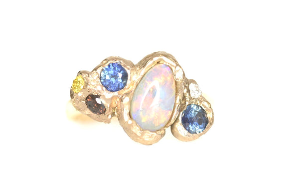 1.3ct White Opal, Sapphire, Yellow and Cognac Diamond Ring. 14k Yellow Gold. Cat Bells, The Lake District.